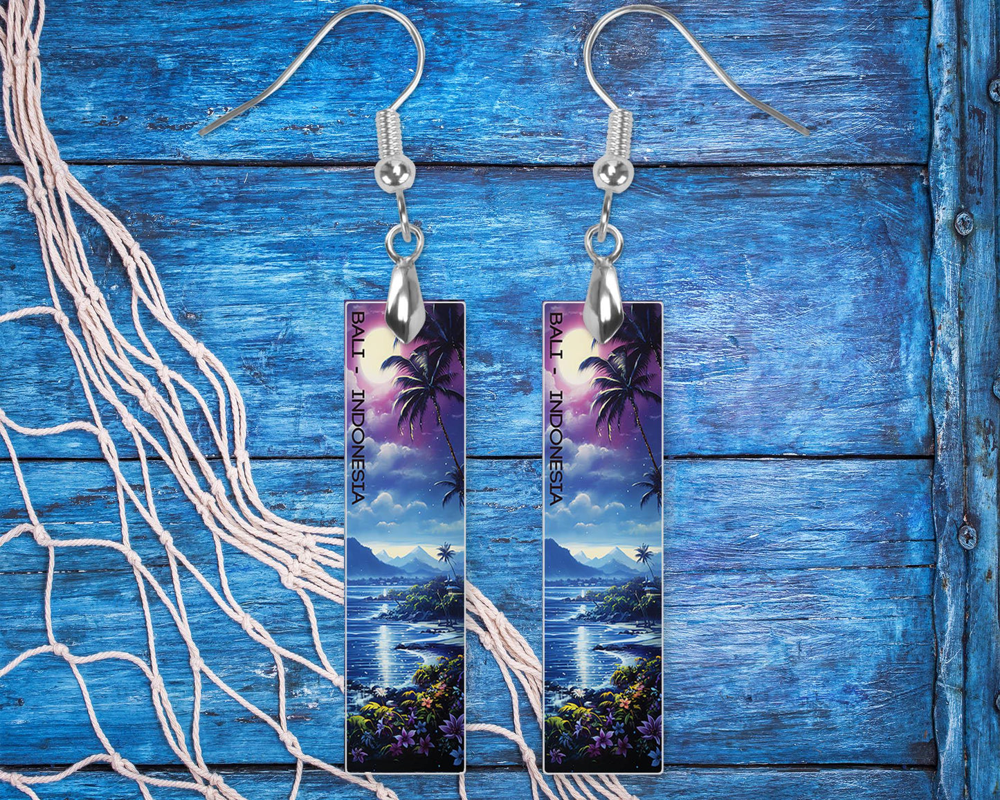 Bali Beach at Night Earrings, Printed Wood Dangle Earrings Hypoallergenic Jewelry Handmade