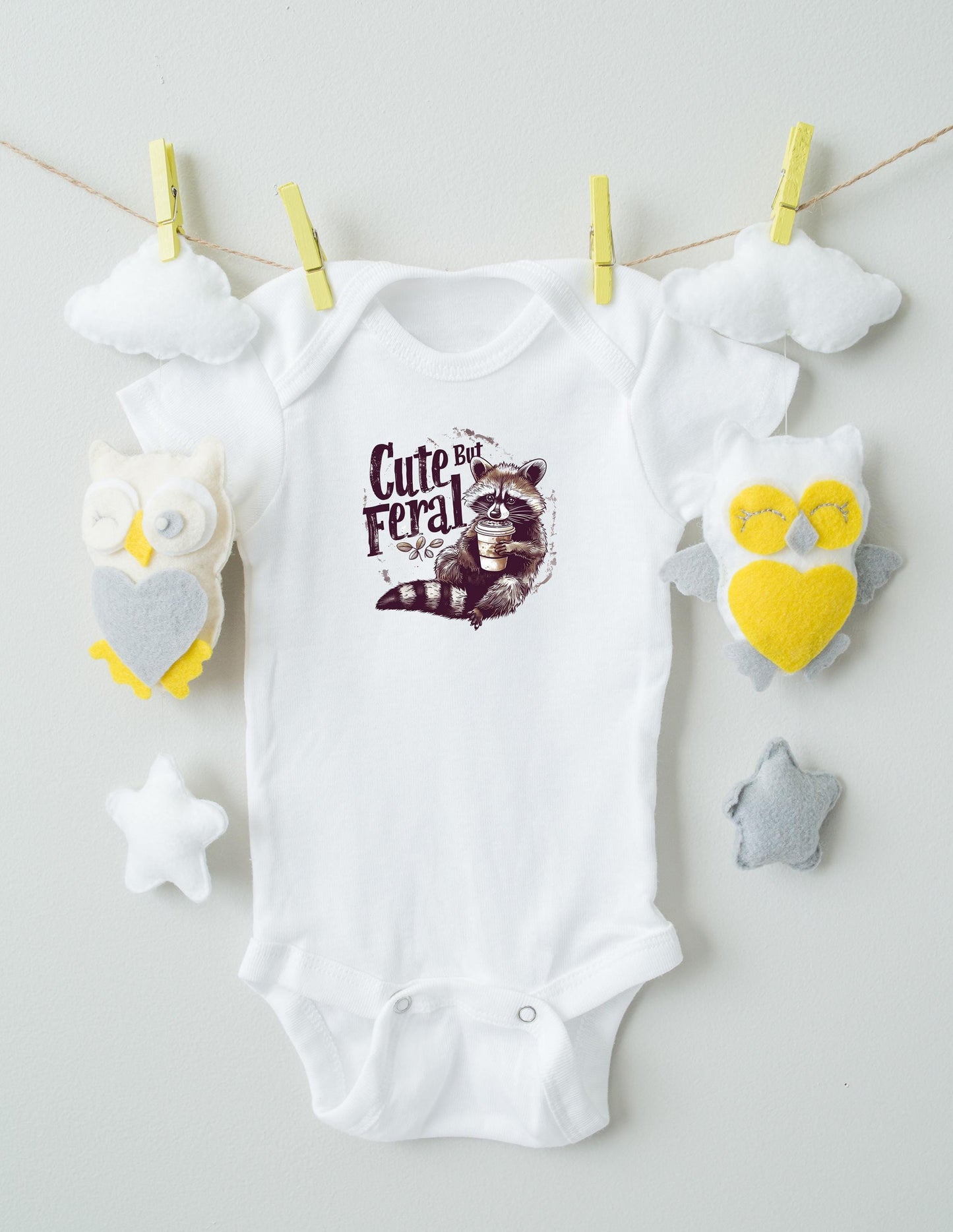 Baby Bodysuit, Cute but Feral Raccoon One Piece Baby Suit, Baby Gift, Long / Short Sleeve, 0-18 Months size