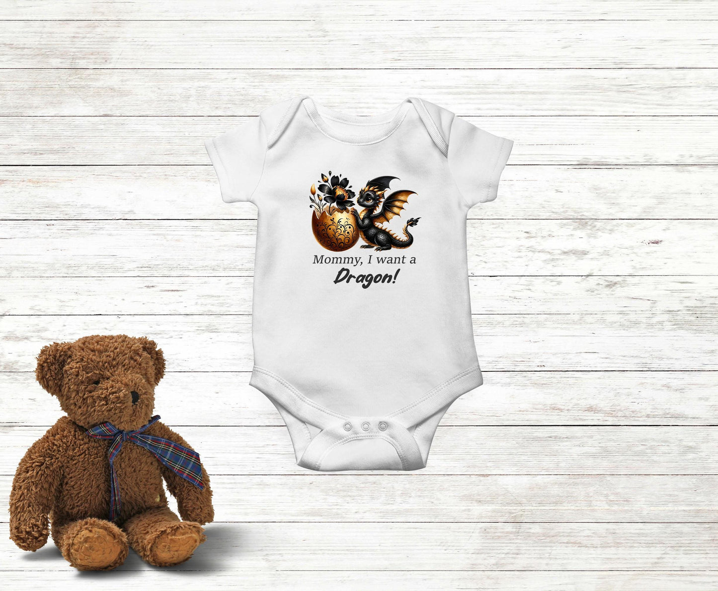 Baby Bodysuit, Mommy, I Want a Dragon One Piece Baby Suit, Baby Gift, Long / Short Sleeve, 0-18 Months size