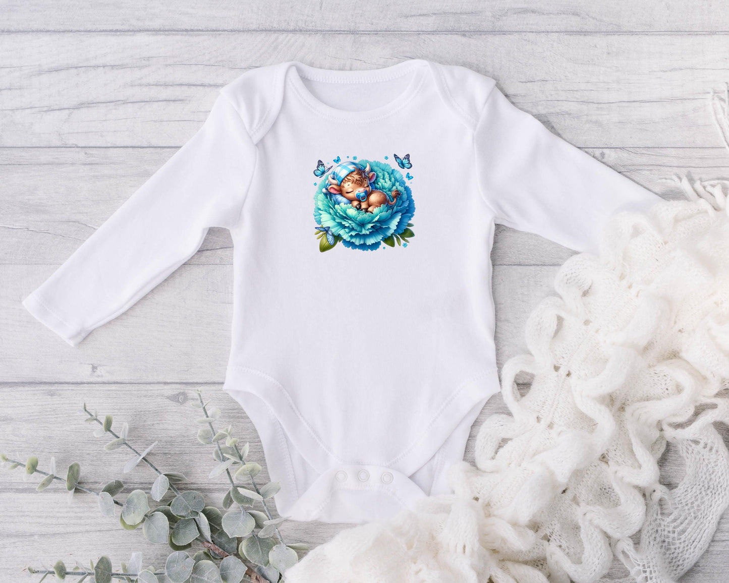 Baby Bodysuit, Blue Sleeping Highland Cow One Piece Baby Suit, Baby Gift, Long / Short Sleeve, 0-18 Months size