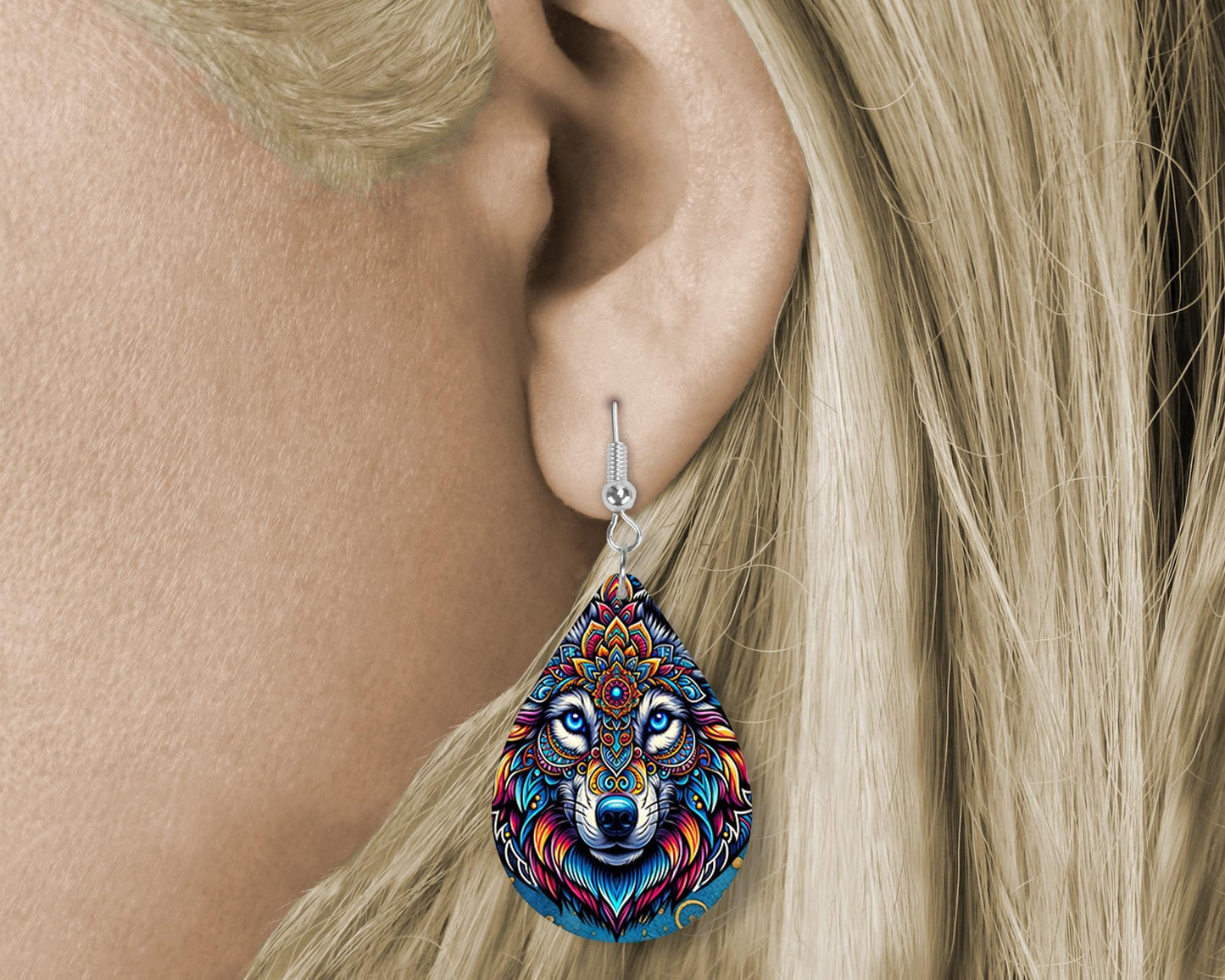 Mandala Wolf Teardrop Wood Dangle Earrings Hypoallergenic Jewelry