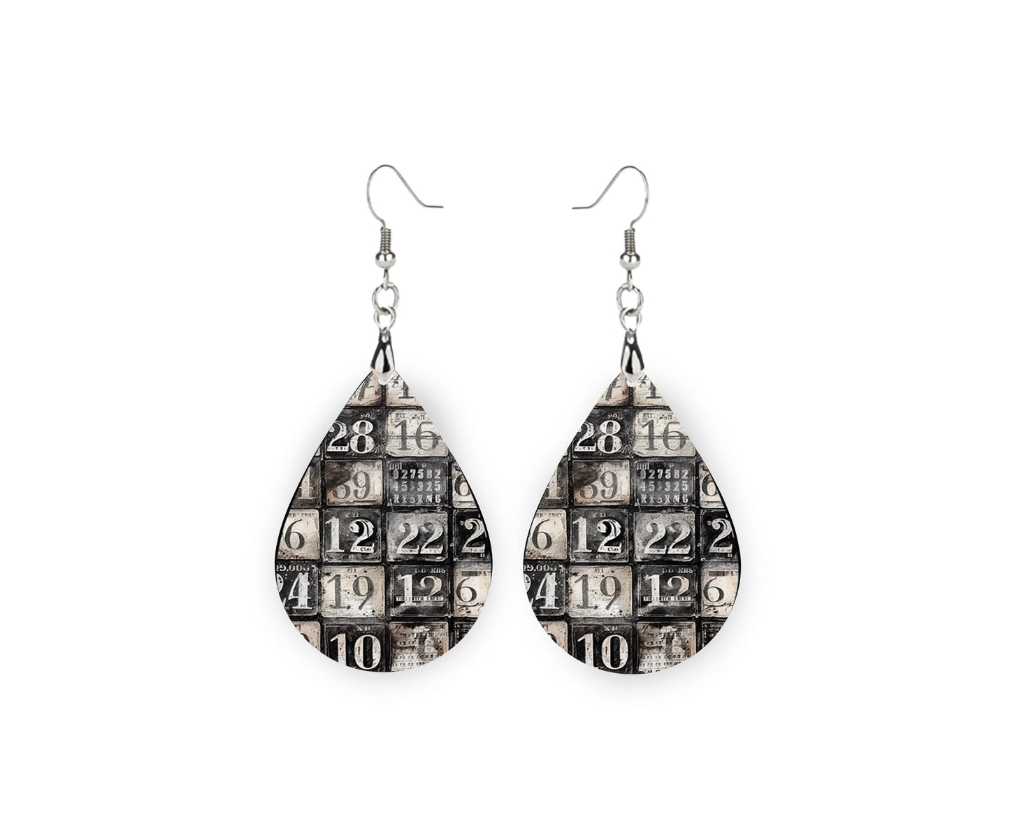 Monochrome Numbers Teardrop Wood Dangle Earrings Hypoallergenic Jewelry