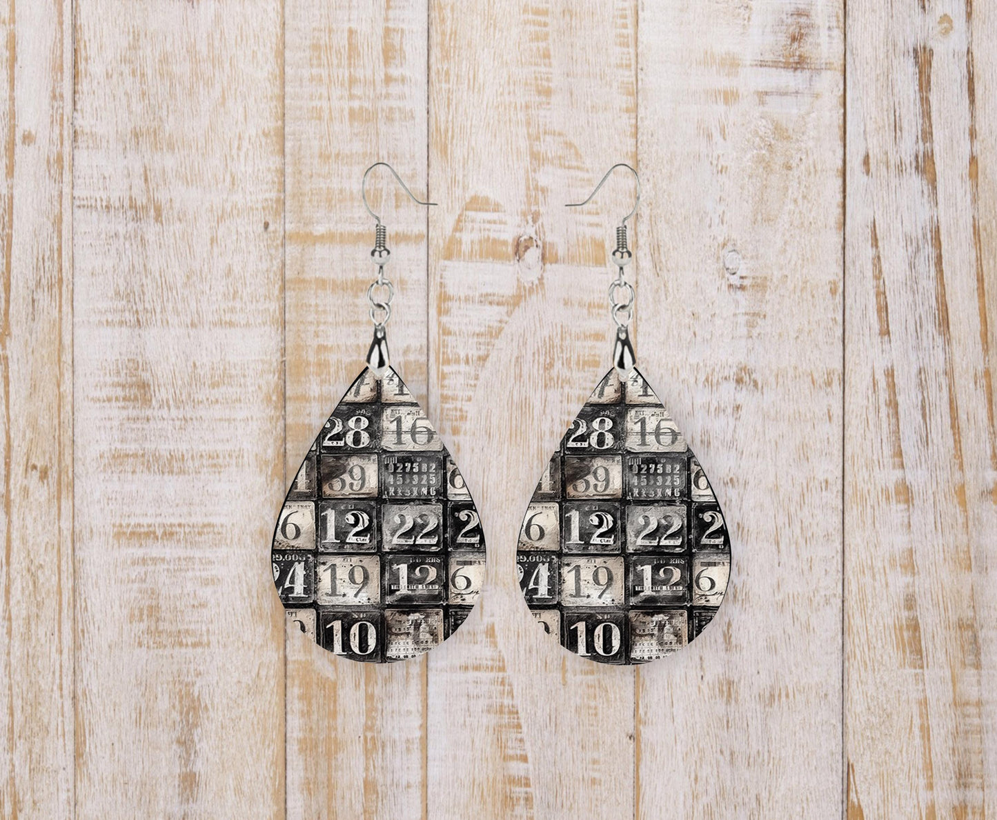 Monochrome Numbers Teardrop Wood Dangle Earrings Hypoallergenic Jewelry