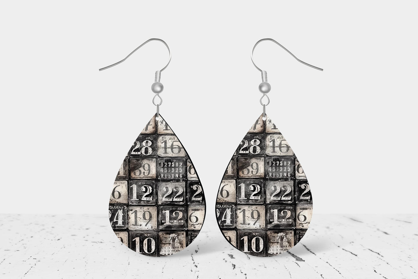 Monochrome Numbers Teardrop Wood Dangle Earrings Hypoallergenic Jewelry