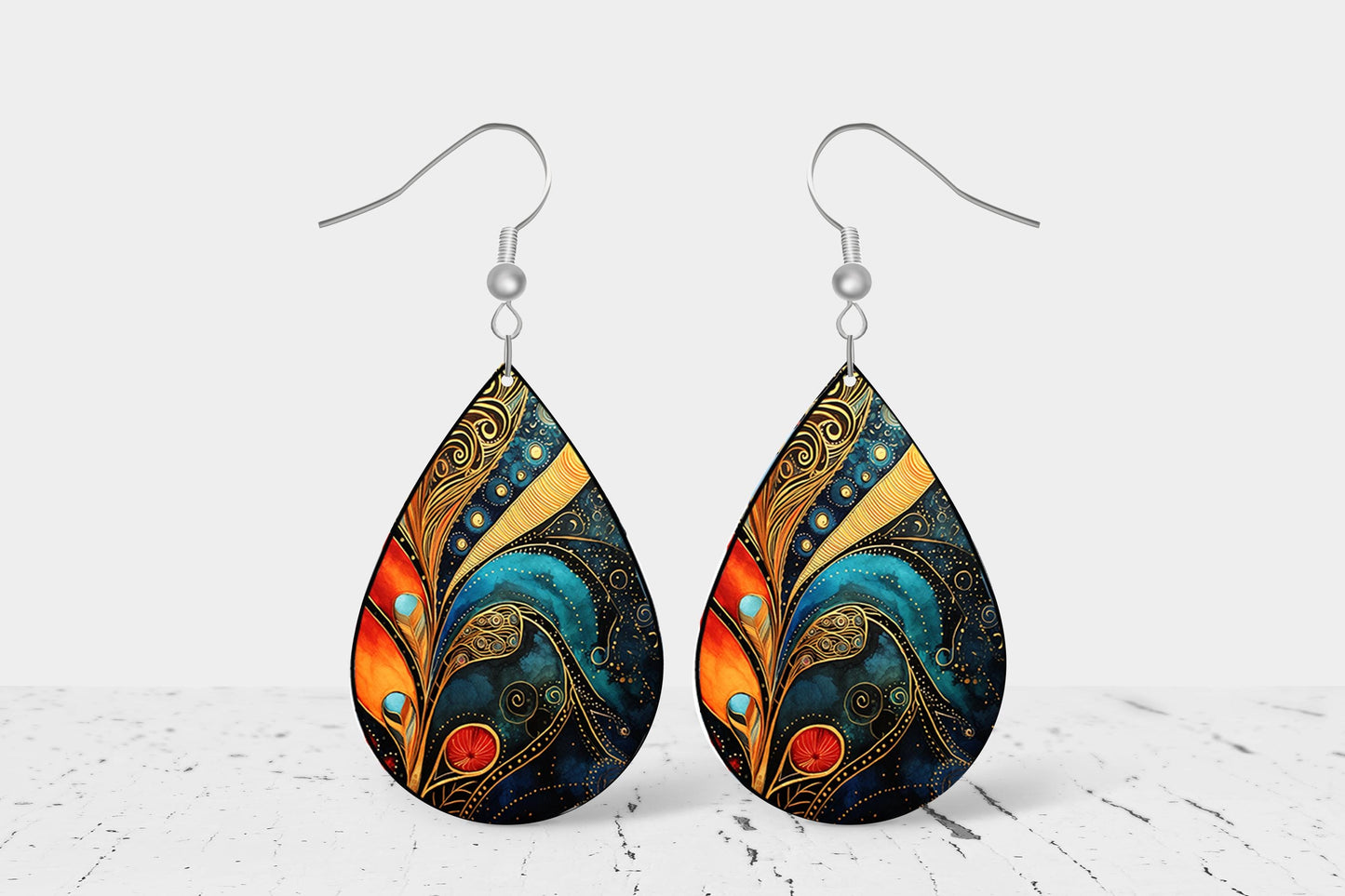 Jeweled Swirl Teardrop Wood Dangle Earrings Hypoallergenic Jewelry