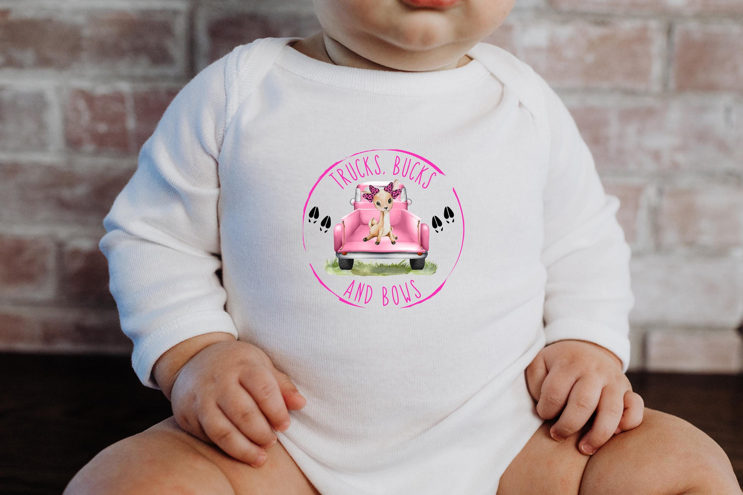 Baby Bodysuit, Pink Truck Buck and Bows One Piece Baby Suit, Baby Gift, Long / Short Sleeve, 0-18 Months size