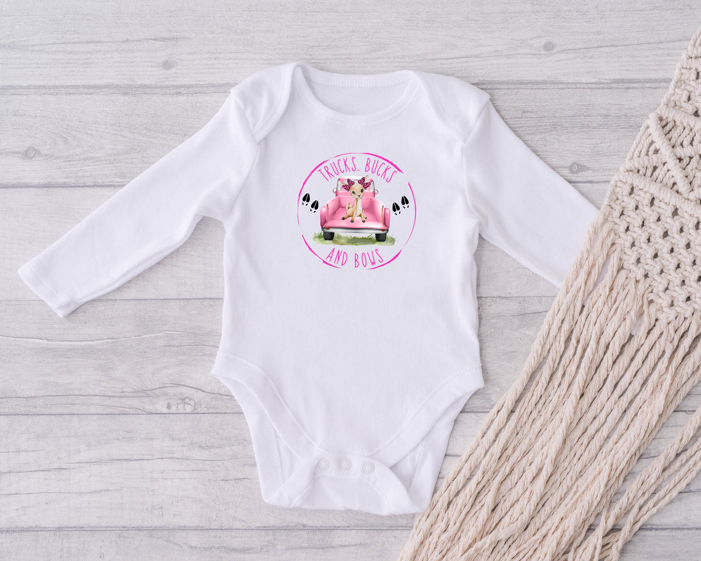 Baby Bodysuit, Pink Truck Buck and Bows One Piece Baby Suit, Baby Gift, Long / Short Sleeve, 0-18 Months size