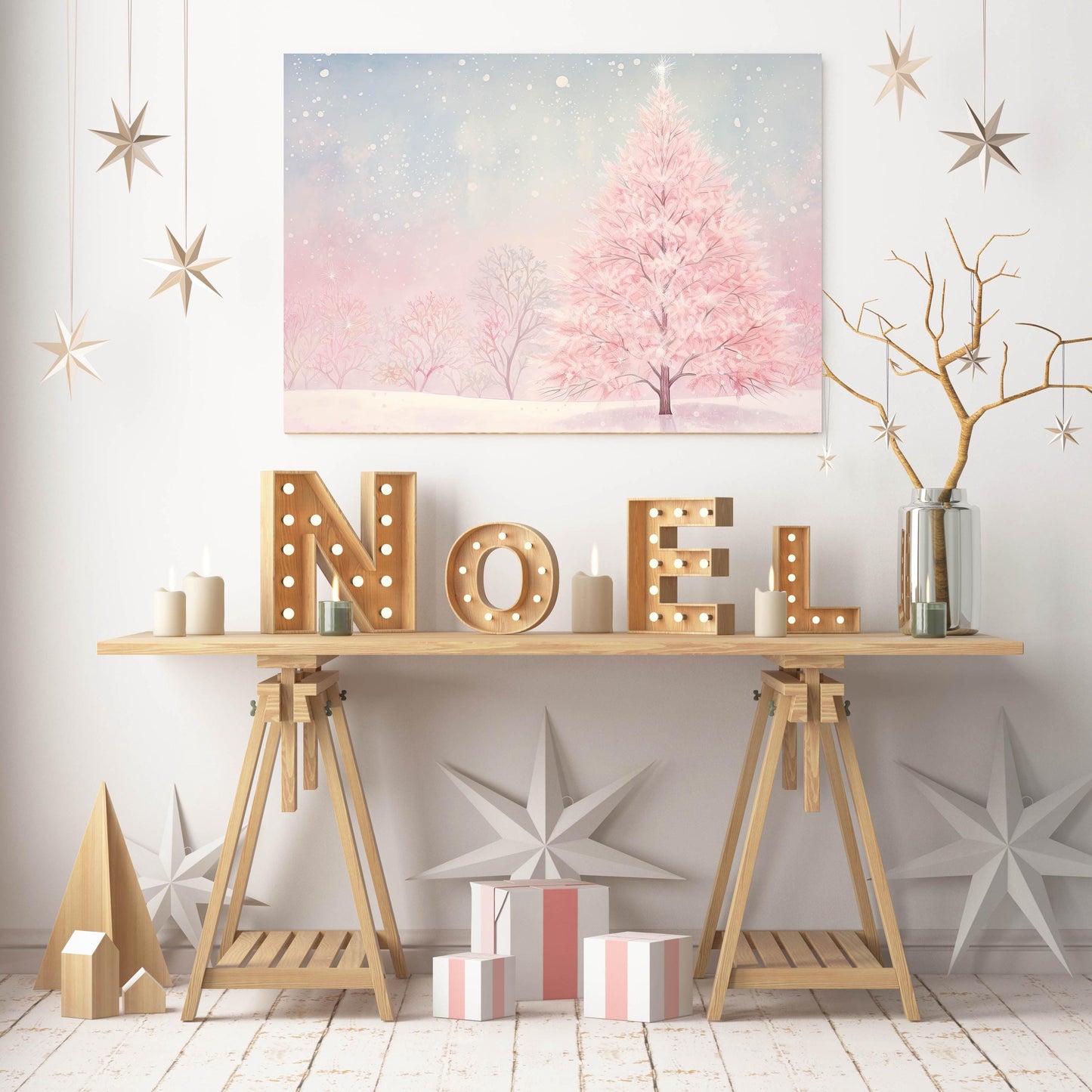 20x16 Minimalist Pink Christmas Tree Wall Art Canvas Print