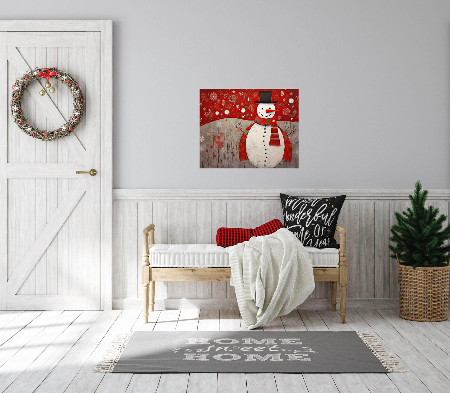 20x16 Minimalist Christmas Red Snowman Wall Art Canvas Print