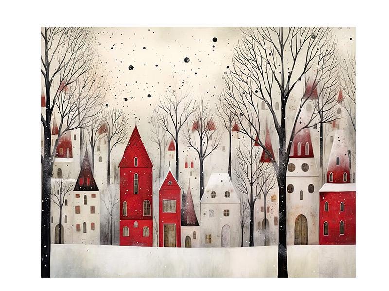 20x16 Red and White Christmas Town Wall Art Canvas Print