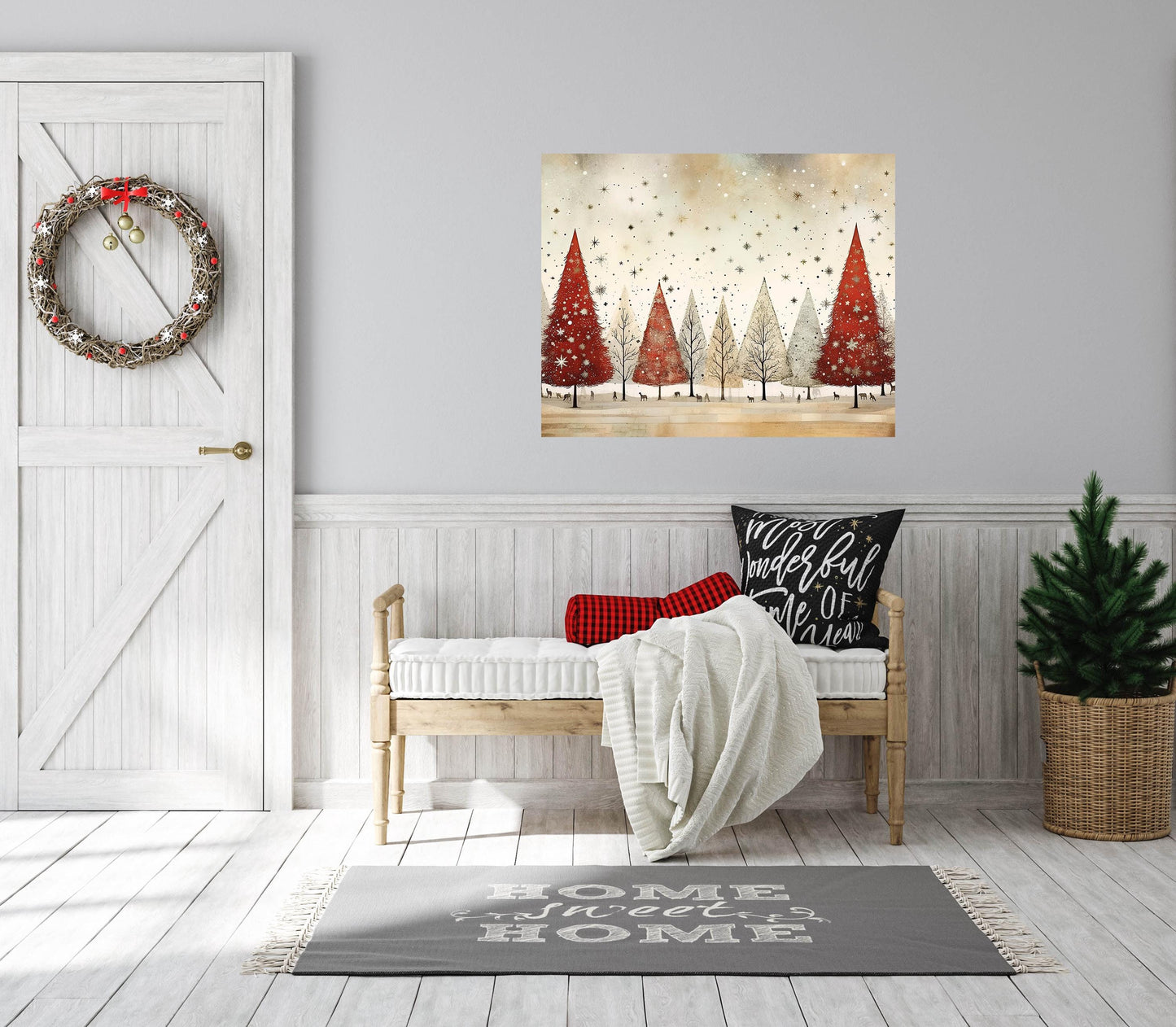 20x16 Minimalist Red and White Christmas Trees Wall Art Canvas Print