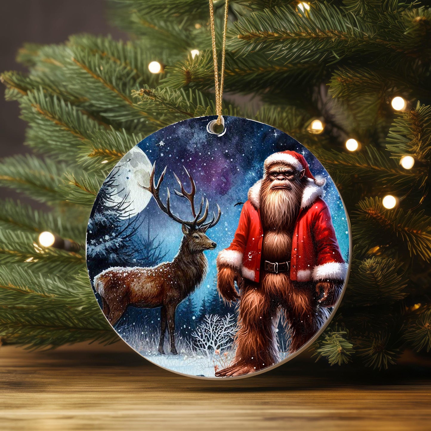 Christmas Ornament, Bigfoot Santa and Deer Ceramic Christmas Ornament, Christmas Decorations