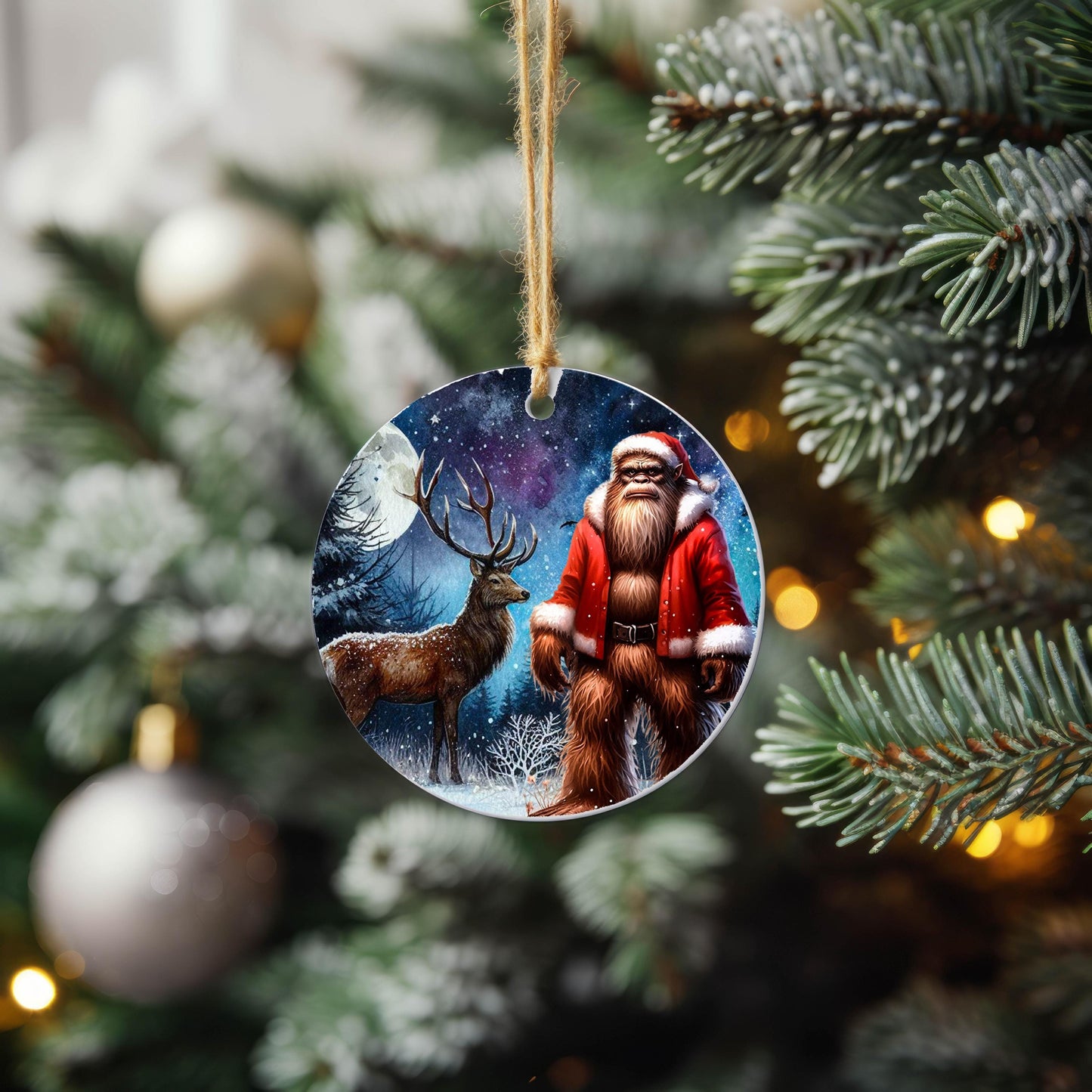 Christmas Ornament, Bigfoot Santa and Deer Ceramic Christmas Ornament, Christmas Decorations