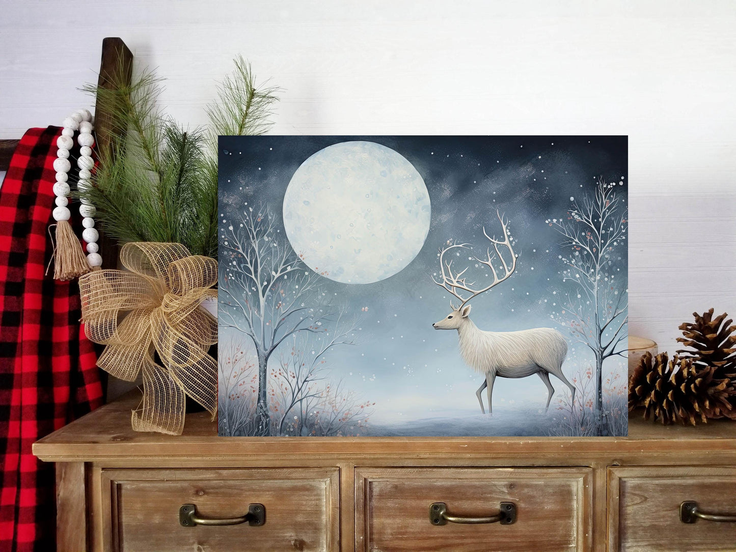 20x16 Christmas White Winter Deer Wall Art Canvas Print