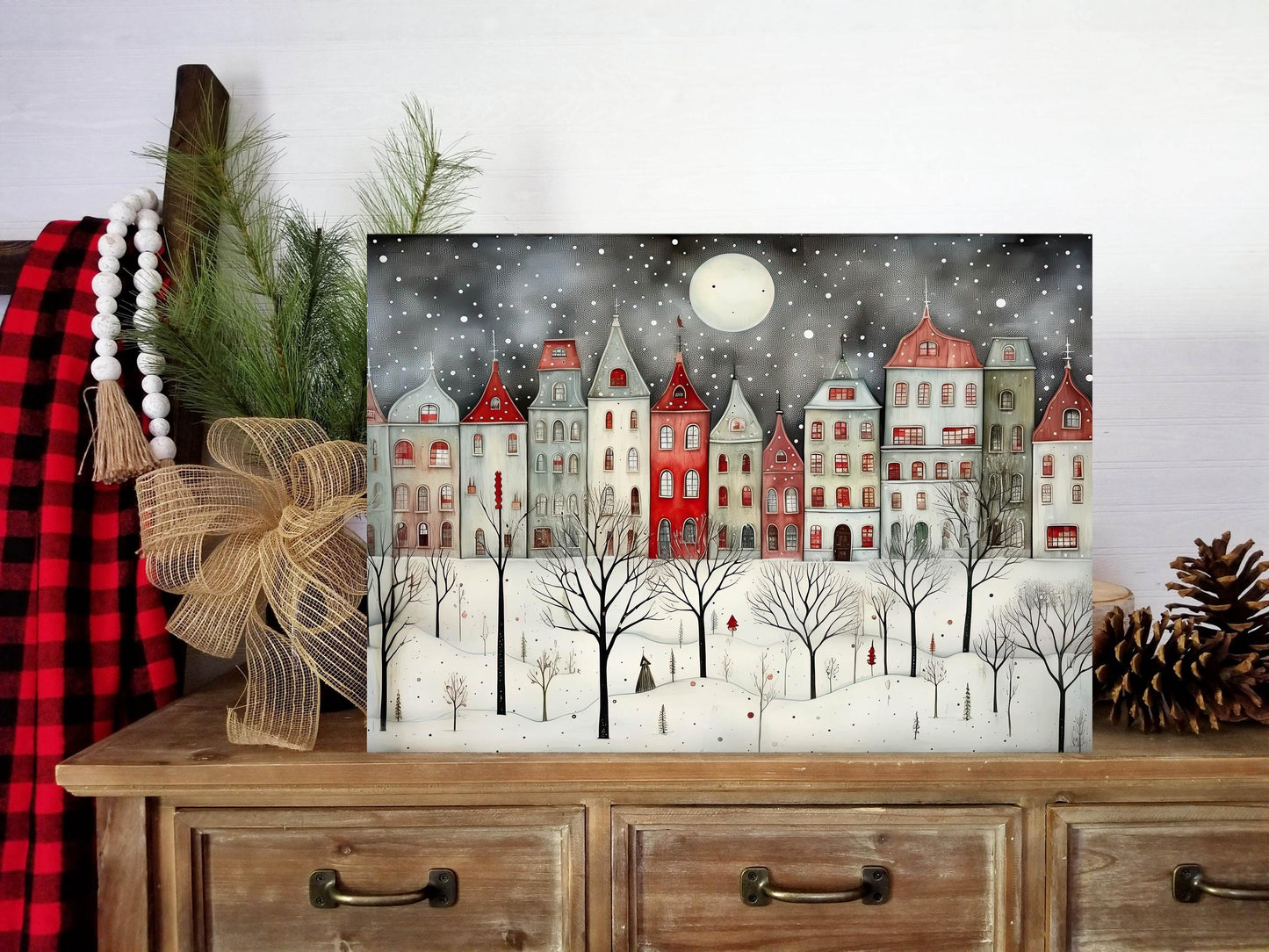 20x16 Minimalist Christmas Village Wall Art Canvas Print