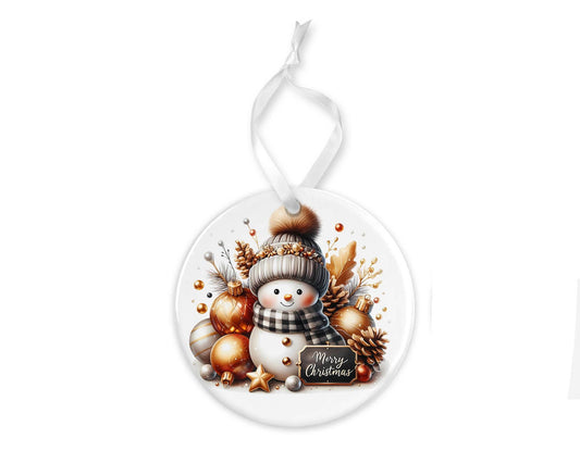 Black and Gold Merry Christmas Snowman Ornament, Ceramic Christmas Ornament