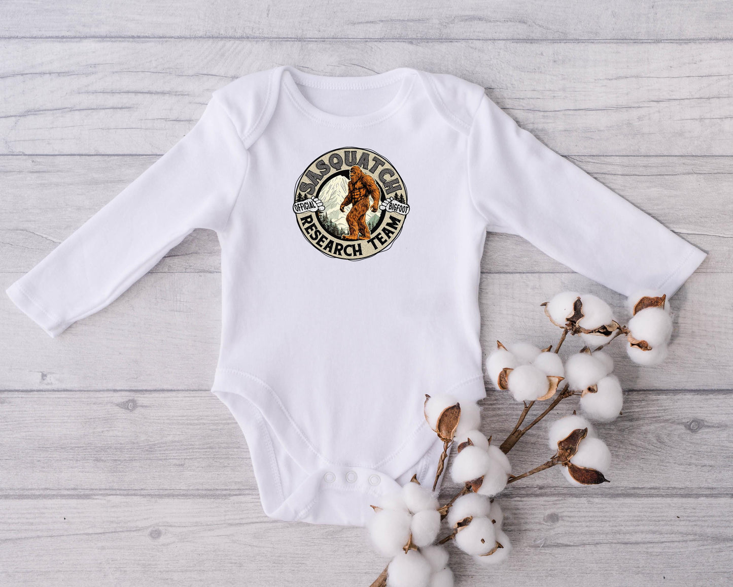 Baby Bodysuit, Sasquatch Research Team One Piece Baby Suit, Baby Gift, Long / Short Sleeve, 0-18 Months size