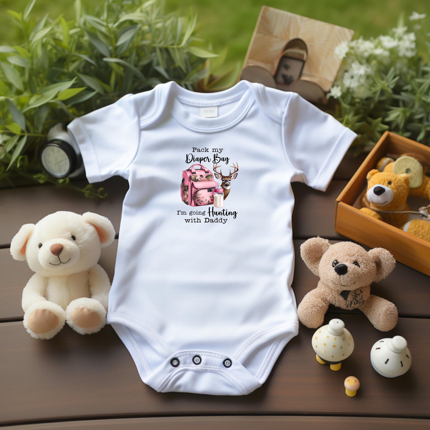 Baby Bodysuit, Pink Hunting with Daddy One Piece Baby Suit, Baby Gift, Long / Short Sleeve, 0-18 Months size