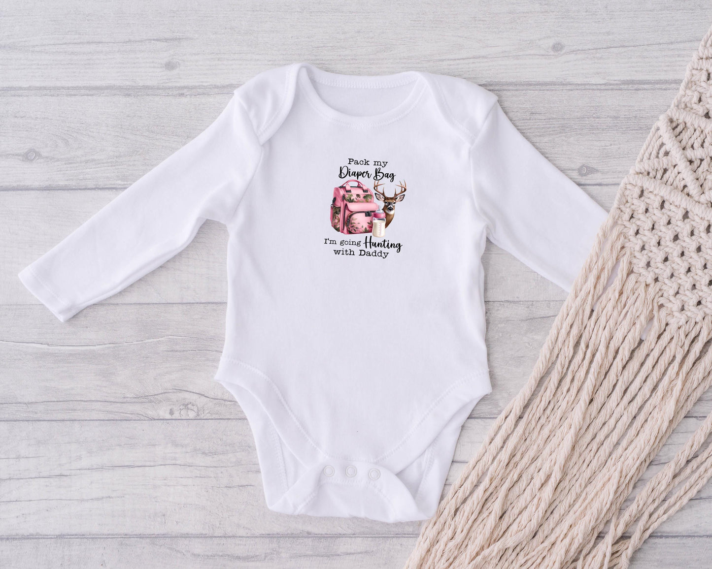 Baby Bodysuit, Pink Hunting with Daddy One Piece Baby Suit, Baby Gift, Long / Short Sleeve, 0-18 Months size