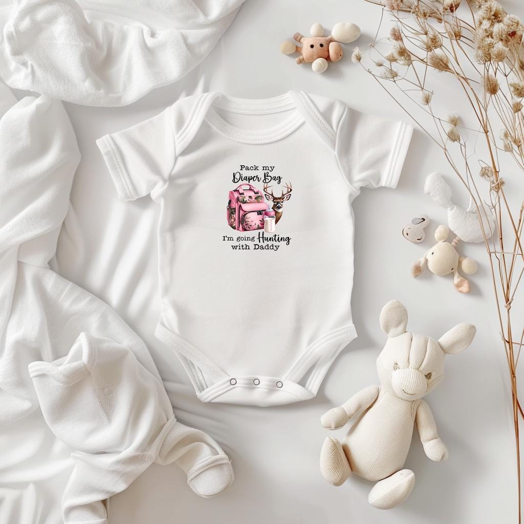 Baby Bodysuit, Pink Hunting with Daddy One Piece Baby Suit, Baby Gift, Long / Short Sleeve, 0-18 Months size