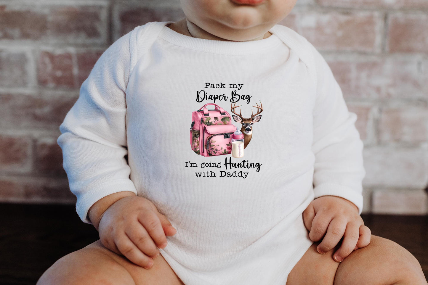 Baby Bodysuit, Pink Hunting with Daddy One Piece Baby Suit, Baby Gift, Long / Short Sleeve, 0-18 Months size