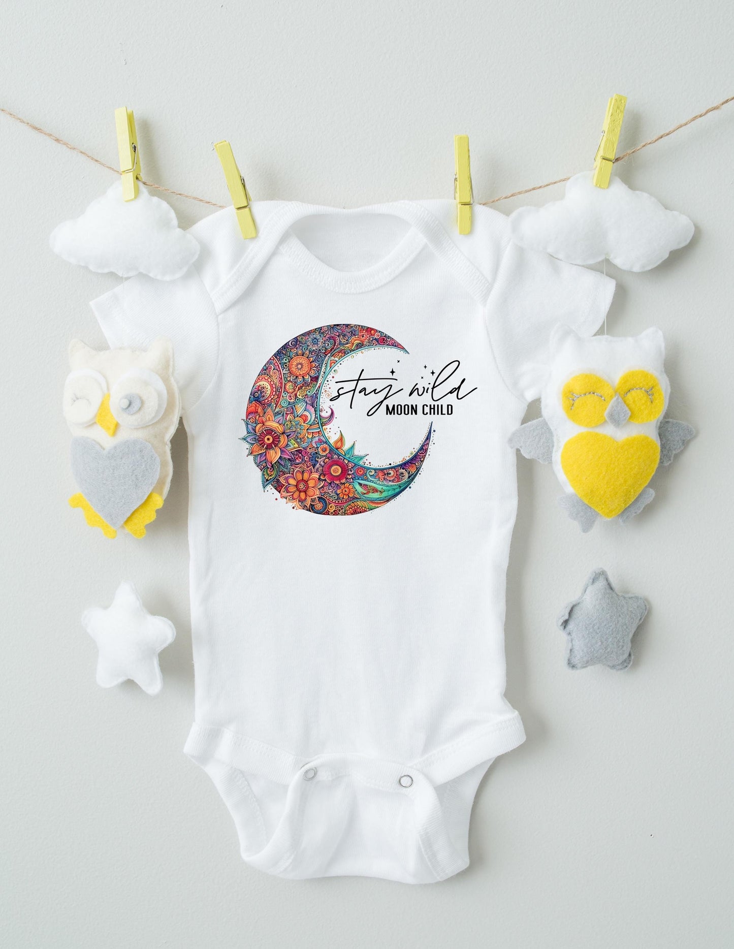 Baby Bodysuit, Stay Wild Moon Child One Piece Baby Suit, Baby Gift, Black or White, 0-18 Months size