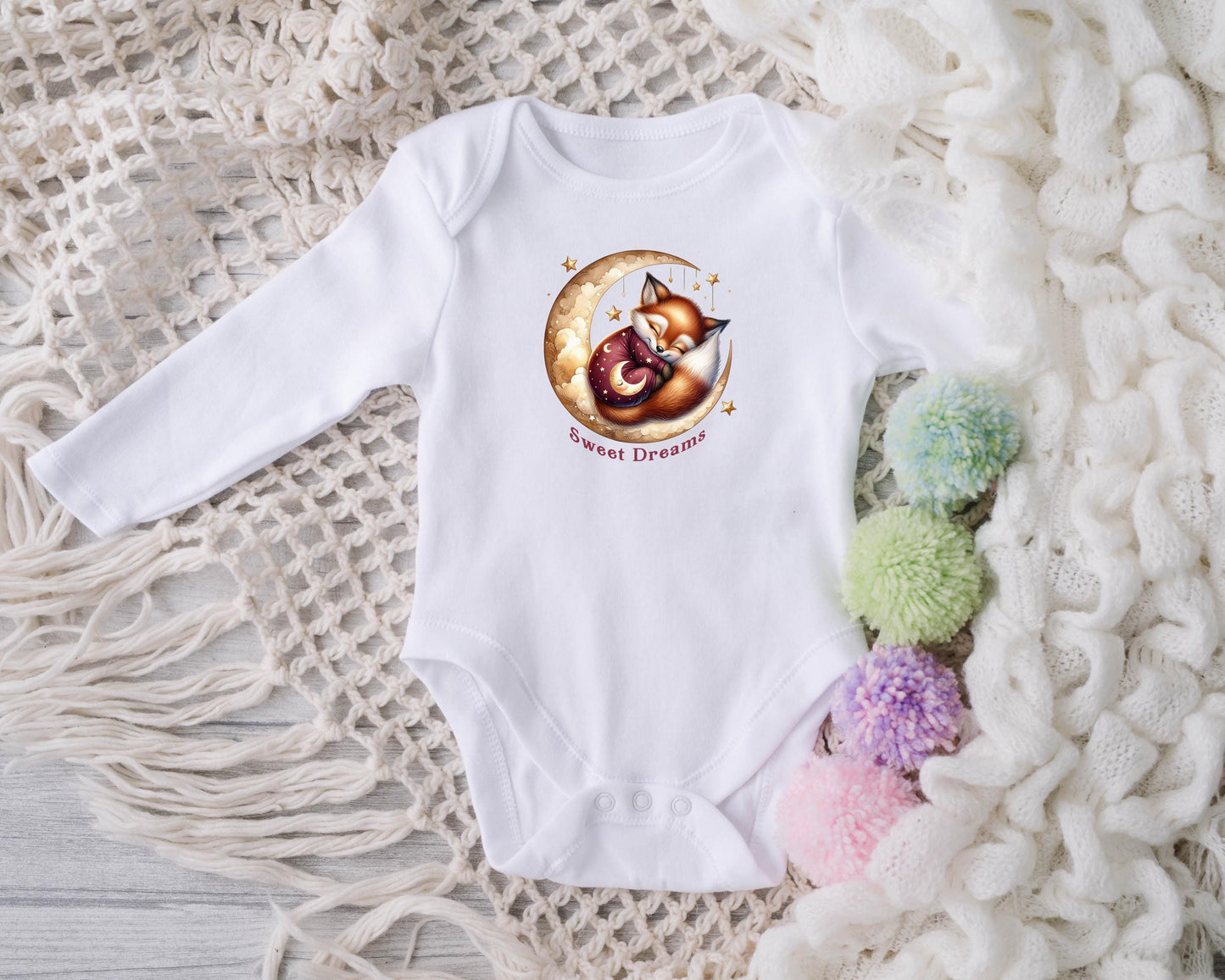 Baby Bodysuit, Sweet Dreams Fox One Piece Baby Suit, Baby Gift, Long / Short Sleeve, 0-18 Months size