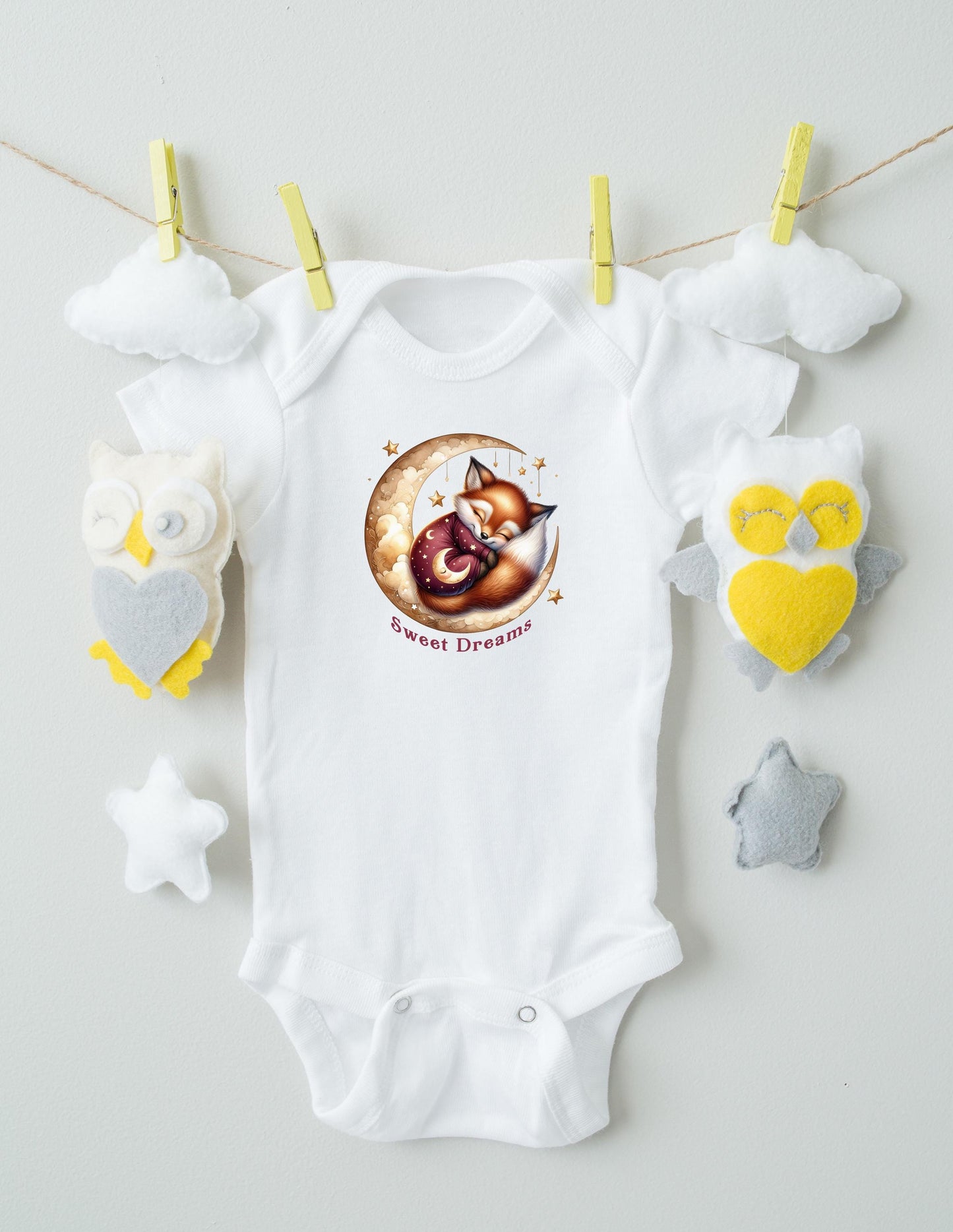 Baby Bodysuit, Sweet Dreams Fox One Piece Baby Suit, Baby Gift, Long / Short Sleeve, 0-18 Months size