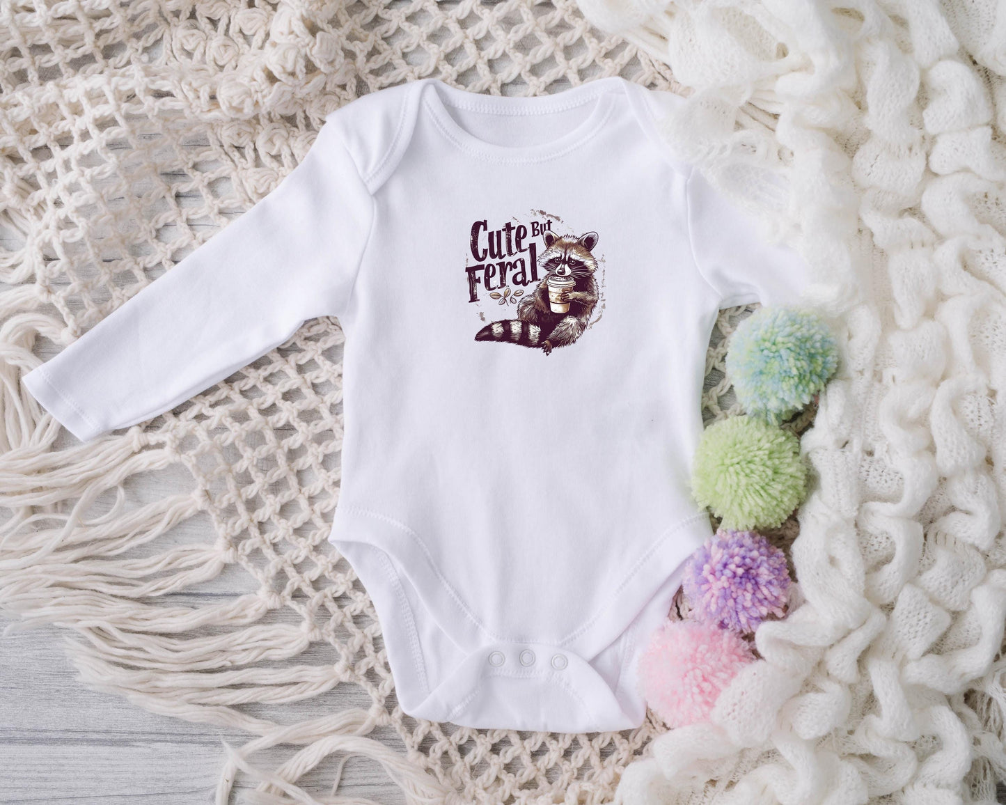 Baby Bodysuit, Cute but Feral Raccoon One Piece Baby Suit, Baby Gift, Long / Short Sleeve, 0-18 Months size