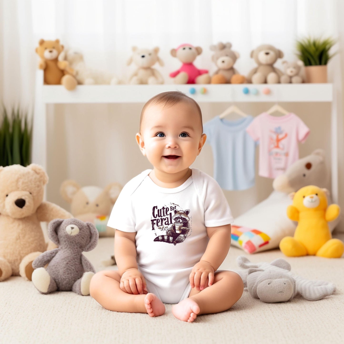 Baby Bodysuit, Cute but Feral Raccoon One Piece Baby Suit, Baby Gift, Long / Short Sleeve, 0-18 Months size