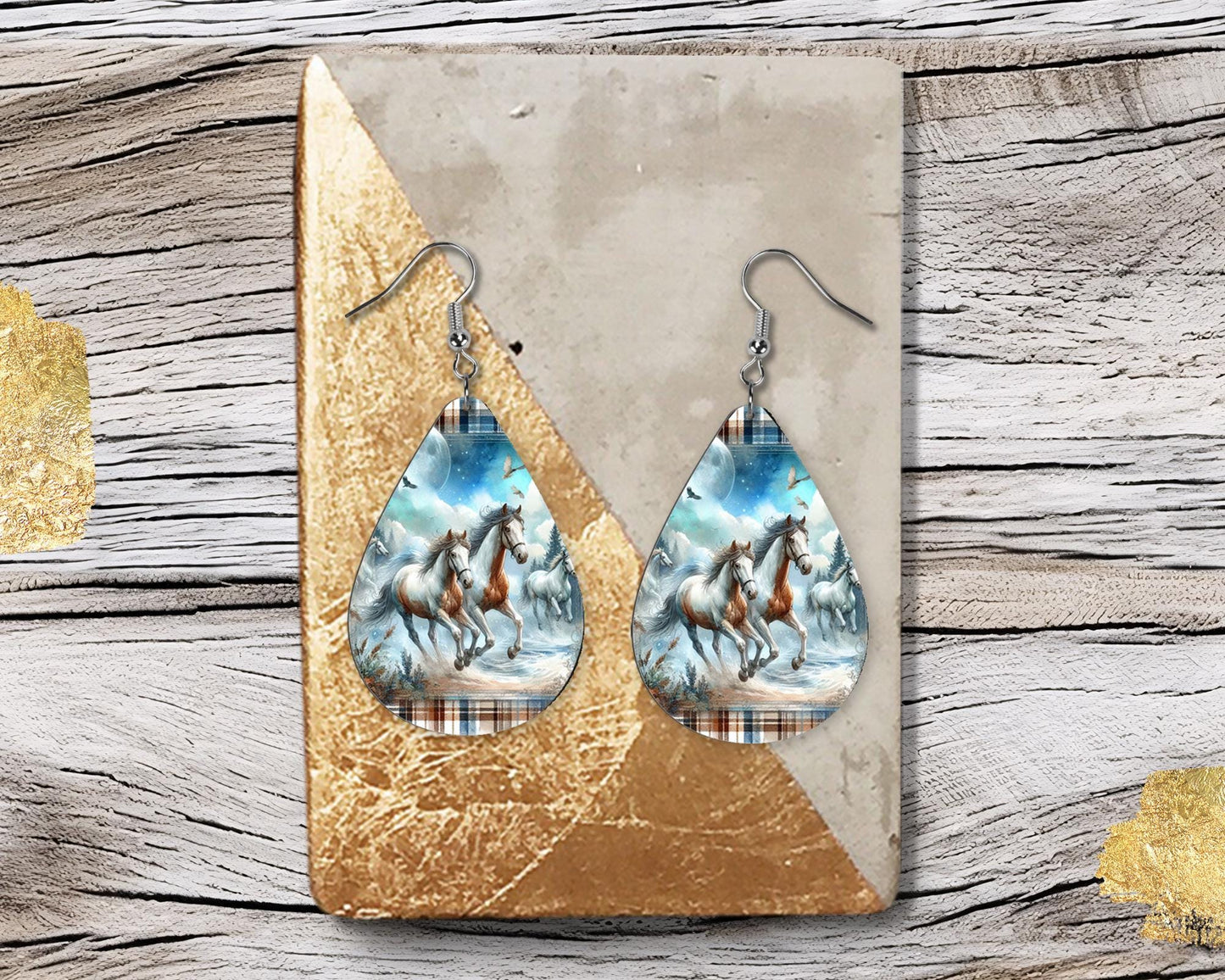 Horses Teardrop Wood Dangle Earrings Hypoallergenic Jewelry