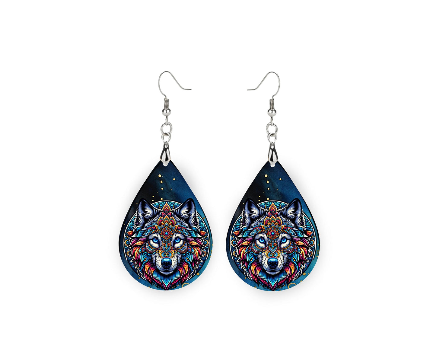 Mandala Wolf Teardrop Wood Dangle Earrings Hypoallergenic Jewelry