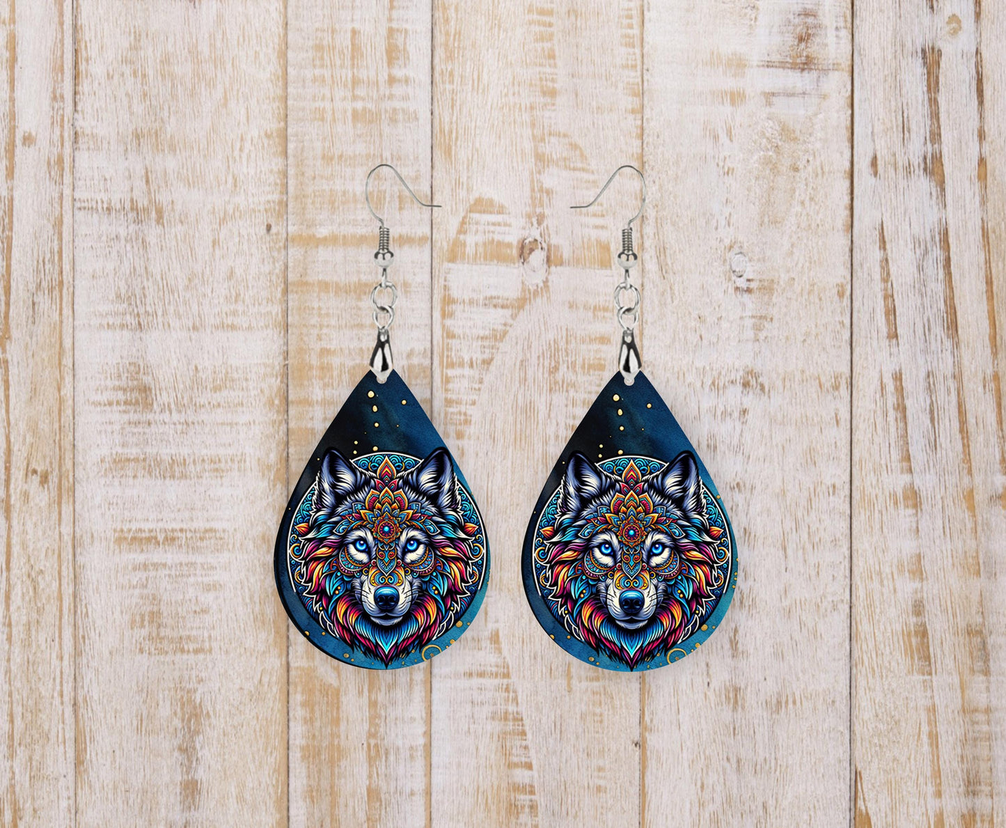 Mandala Wolf Teardrop Wood Dangle Earrings Hypoallergenic Jewelry