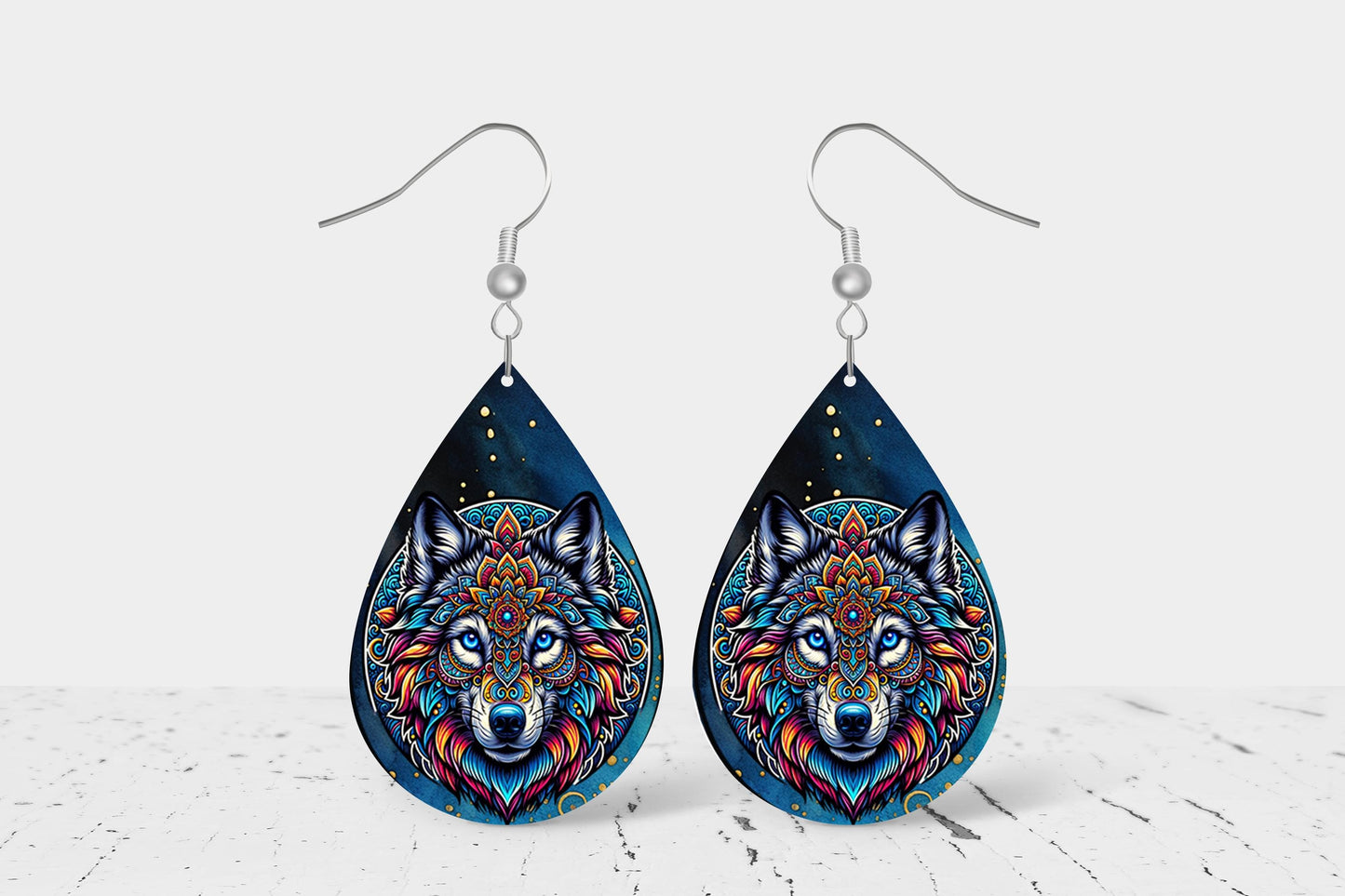 Mandala Wolf Teardrop Wood Dangle Earrings Hypoallergenic Jewelry