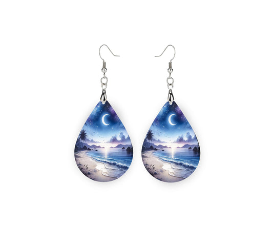 Moonlit Beach Teardrop Wood Dangle Earrings Hypoallergenic Jewelry