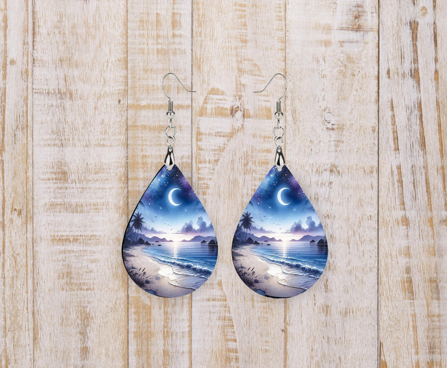 Moonlit Beach Teardrop Wood Dangle Earrings Hypoallergenic Jewelry