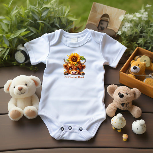 Baby Bodysuit, New to the Herd Highland Cow One Piece Baby Suit, Baby Gift, Long / Short Sleeve, 0-18 Months size