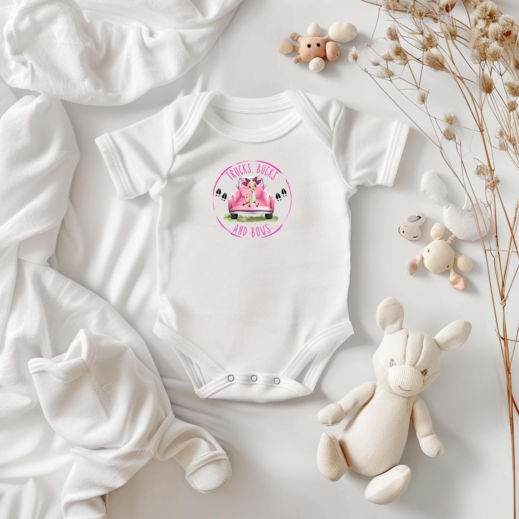 Baby Bodysuit, Pink Truck Buck and Bows One Piece Baby Suit, Baby Gift, Long / Short Sleeve, 0-18 Months size