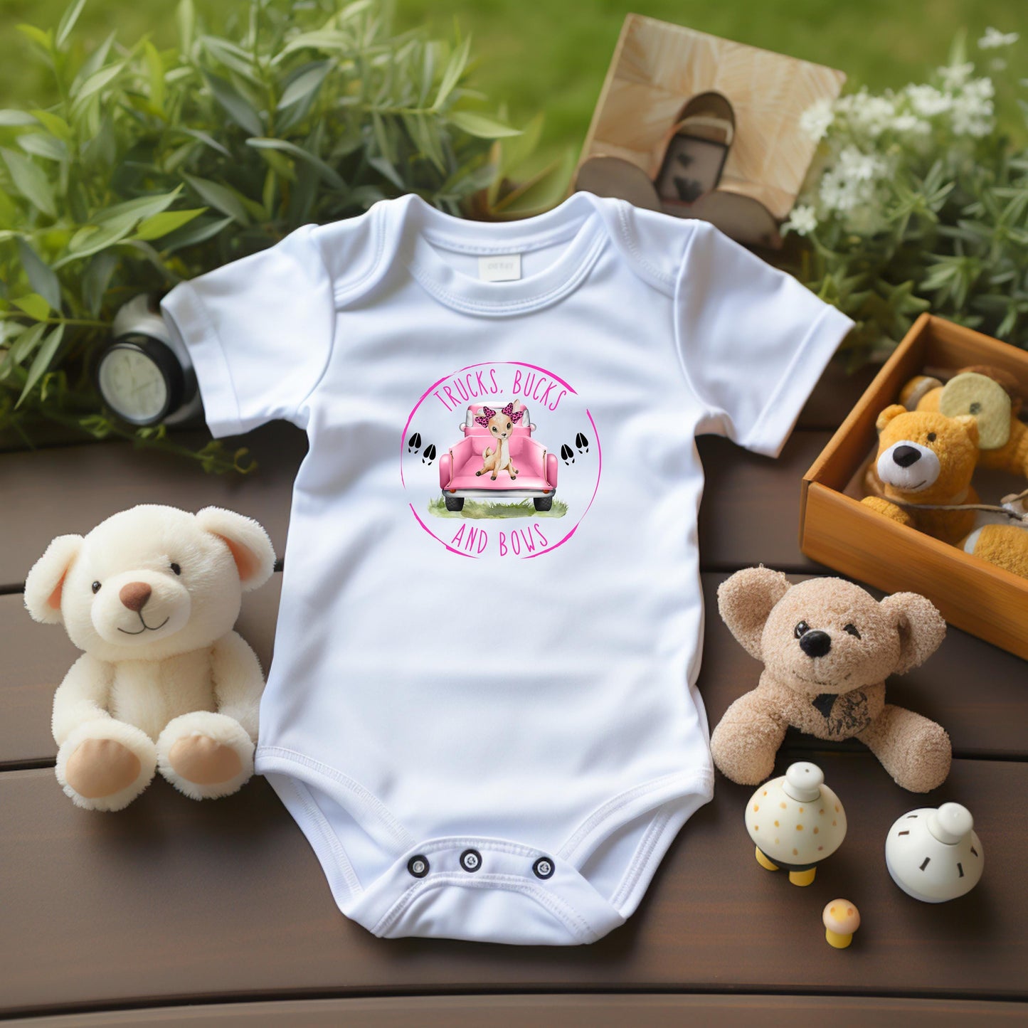 Baby Bodysuit, Pink Truck Buck and Bows One Piece Baby Suit, Baby Gift, Long / Short Sleeve, 0-18 Months size