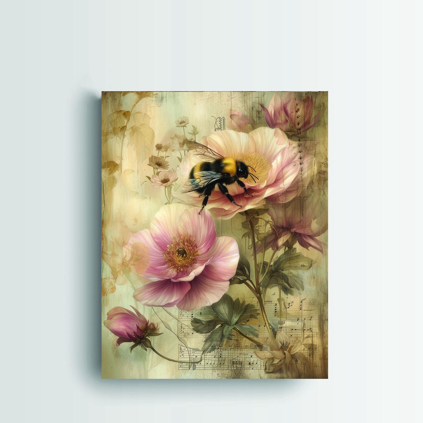 11x14 Bee and Pink Flowers Wall Art Canvas Print