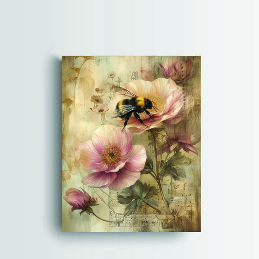 11x14 Bee and Pink Flowers Wall Art Canvas Print