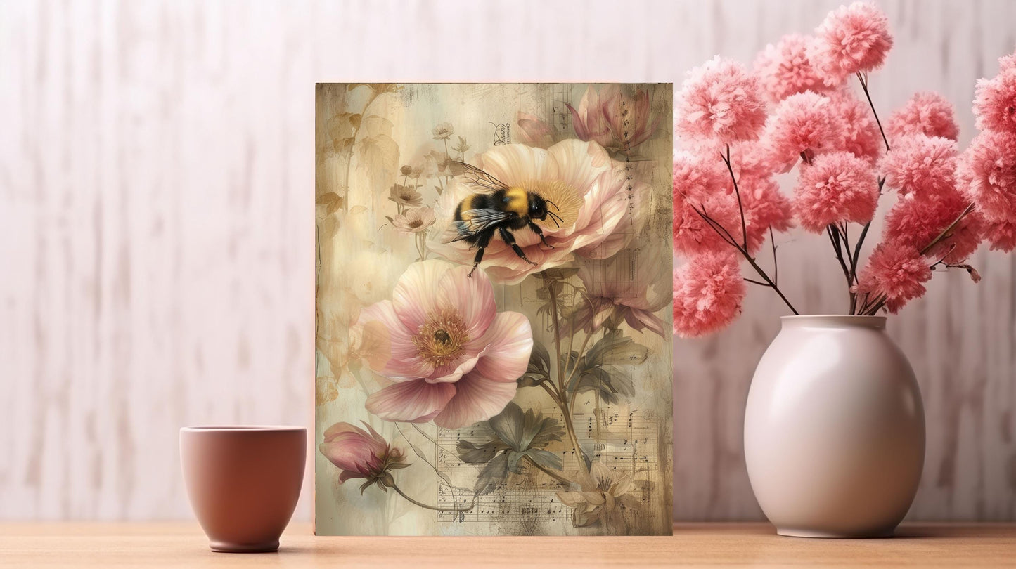 11x14 Bee and Pink Flowers Wall Art Canvas Print