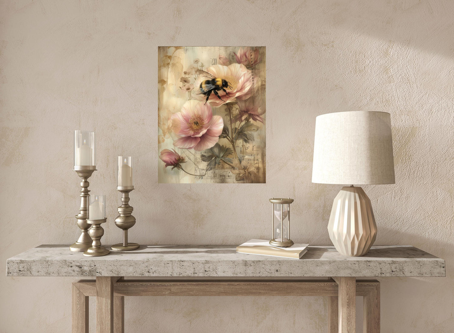 11x14 Bee and Pink Flowers Wall Art Canvas Print