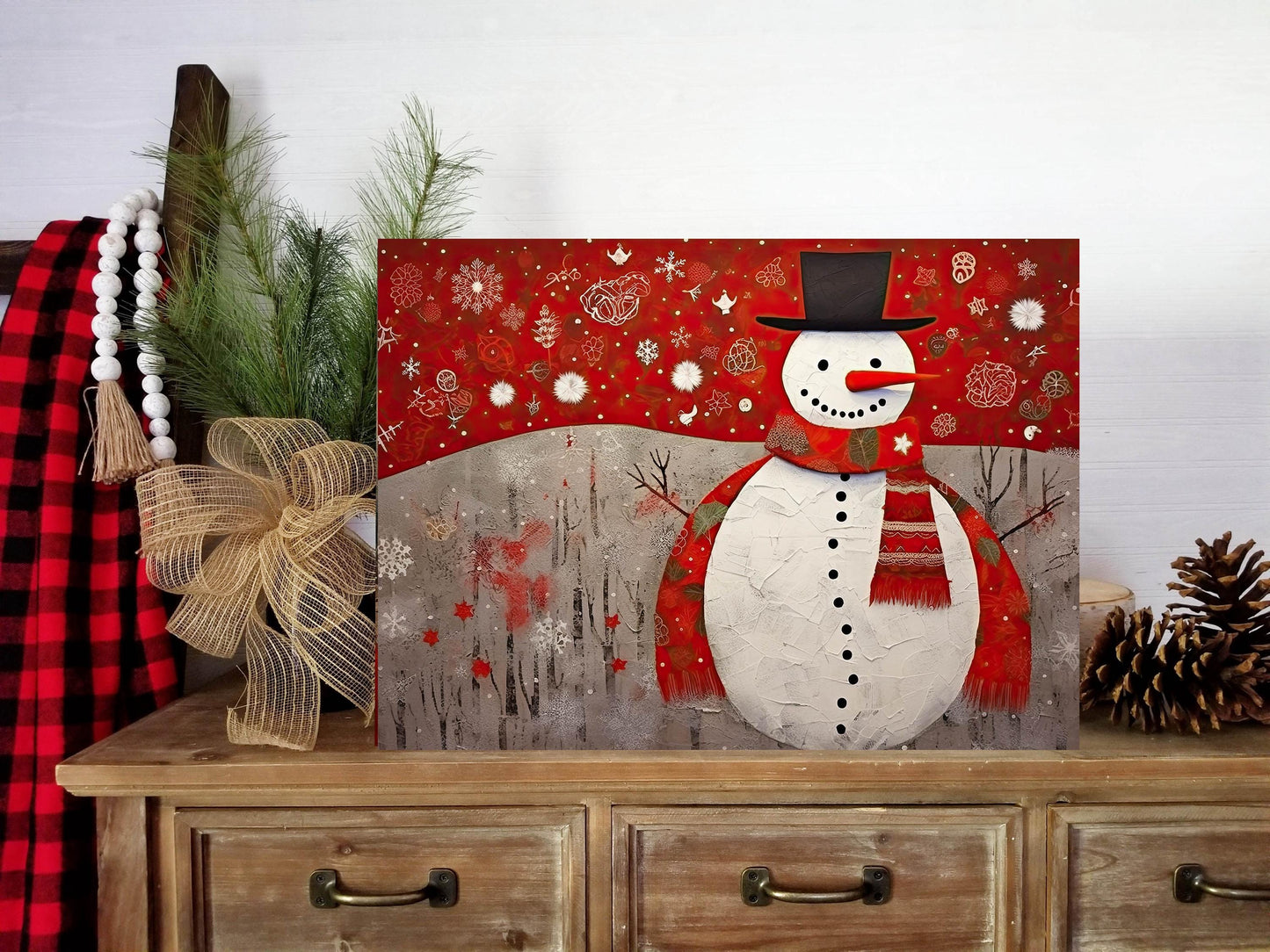 20x16 Minimalist Christmas Red Snowman Wall Art Canvas Print