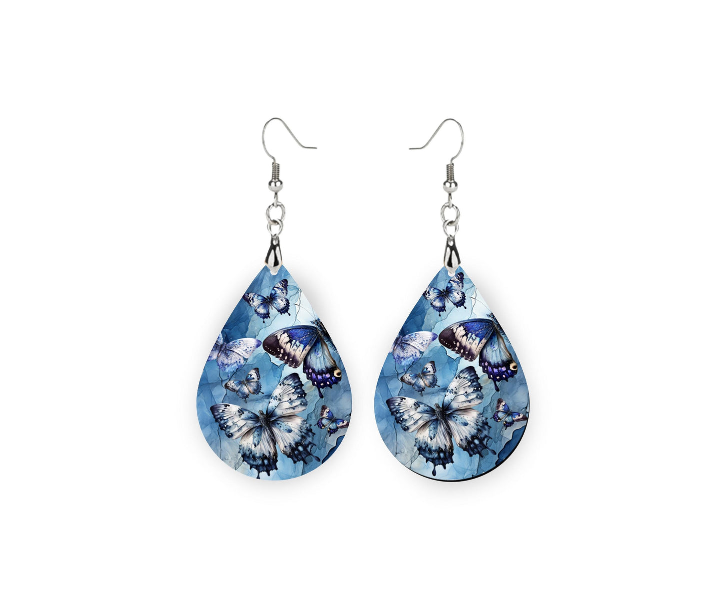 Blue and White Butterflies Teardrop Wood Dangle Earrings Hypoallergenic Jewelry