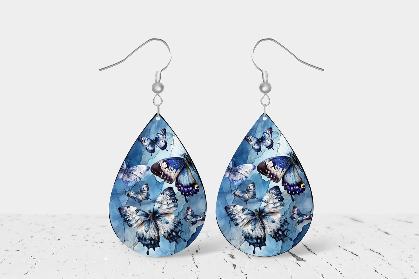 Blue and White Butterflies Teardrop Wood Dangle Earrings Hypoallergenic Jewelry