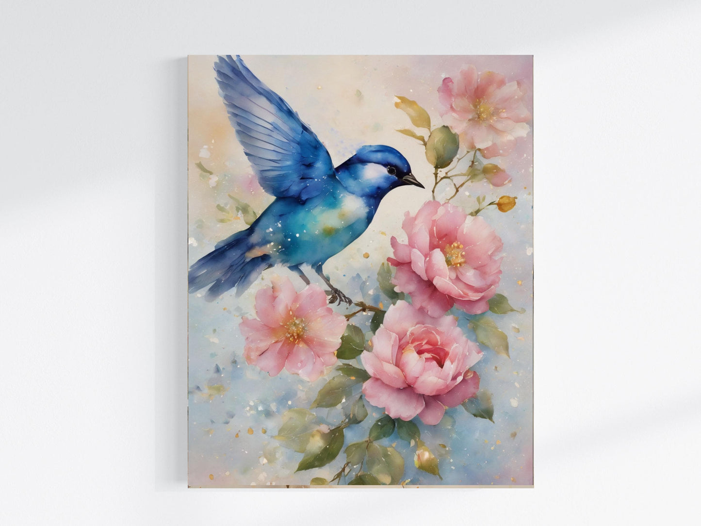 16x20 Blue Bird and Pink Flowers Wall Art Canvas Print