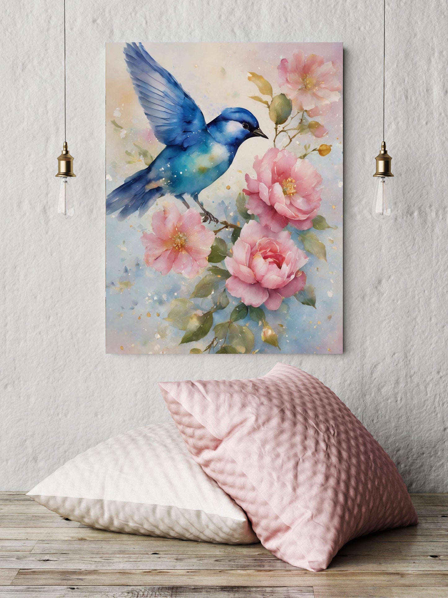 16x20 Blue Bird and Pink Flowers Wall Art Canvas Print