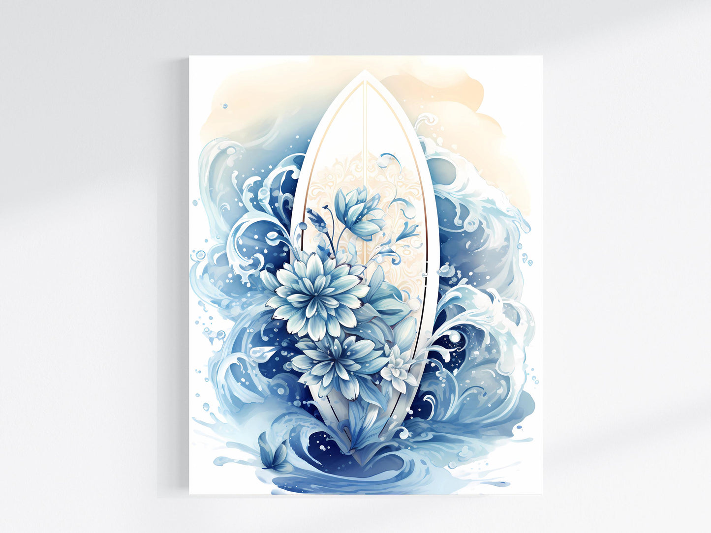 16x20 Blue Floral Surf Board Coastal Wall Art Canvas Print