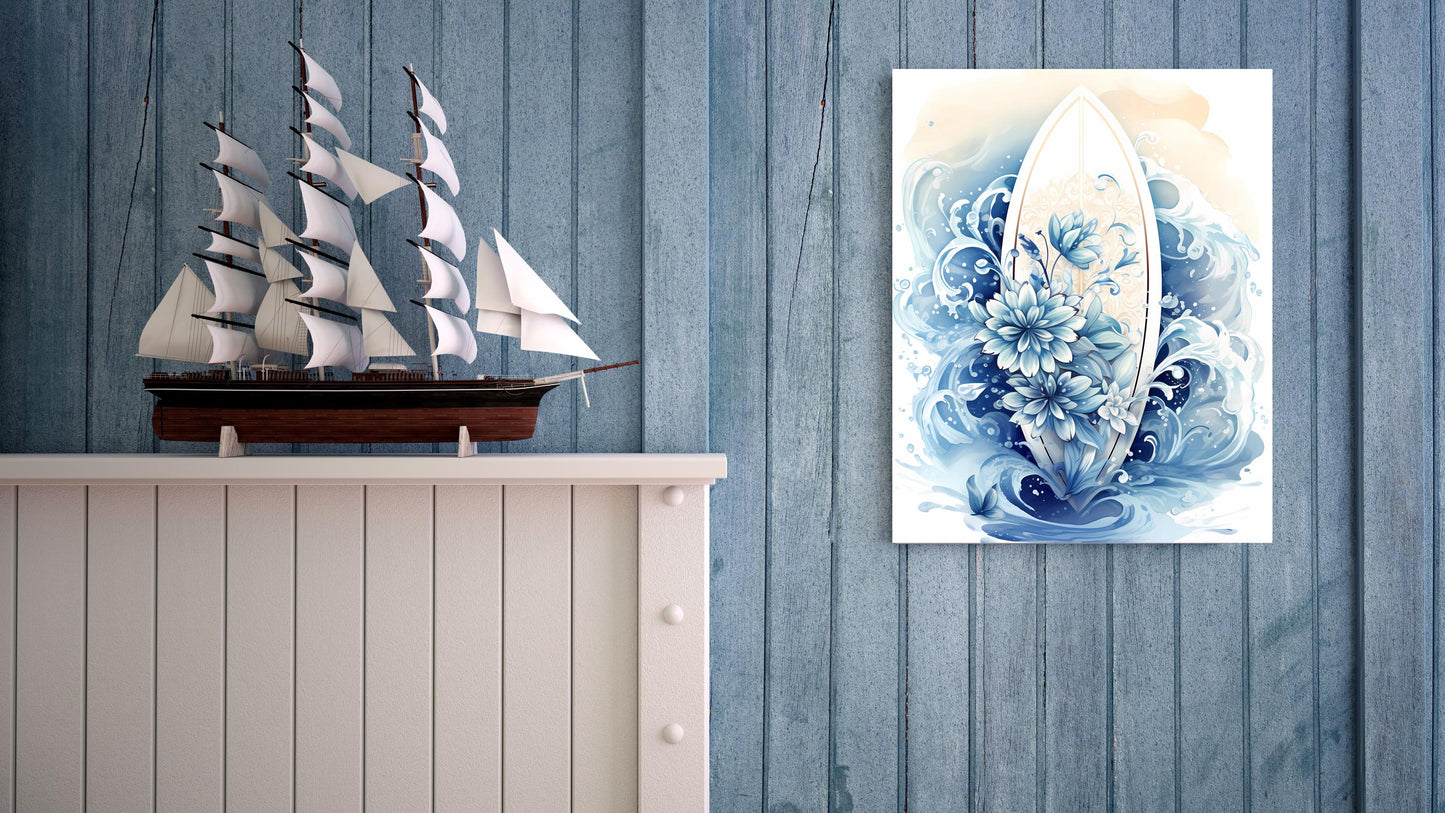 16x20 Blue Floral Surf Board Coastal Wall Art Canvas Print